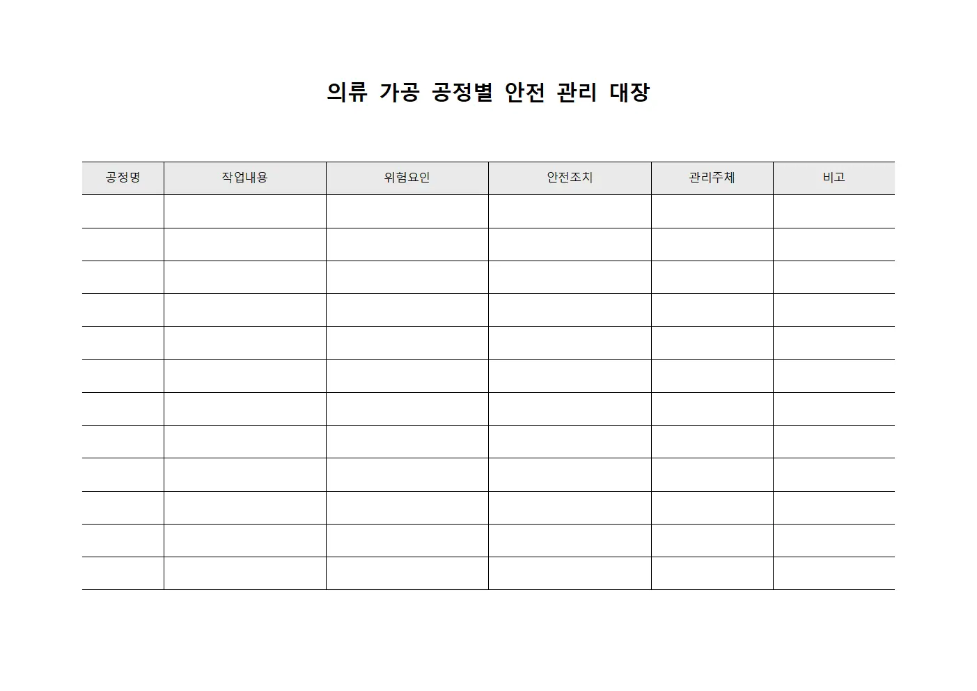 의류 가공 공정별 안전 관리 대장