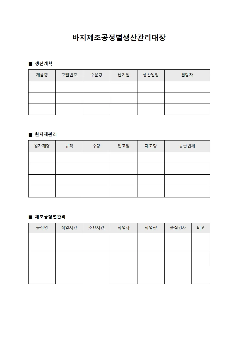 바지제조공정별생산관리대장