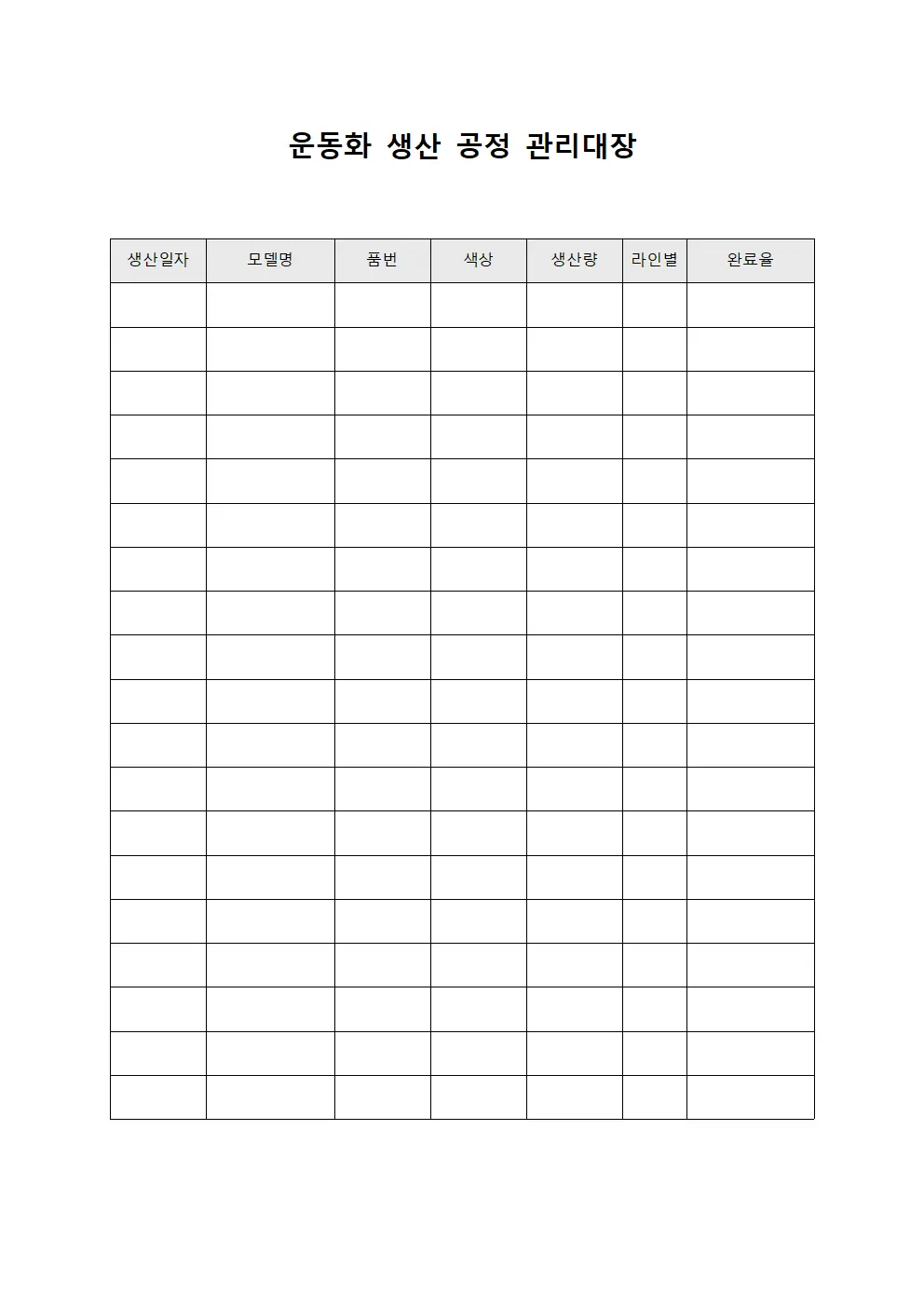 운동화 생산 공정 관리대장 템플릿 양식