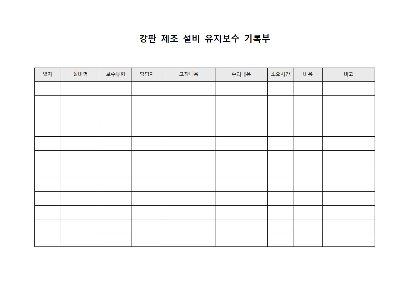 강판 제조 설비 유지보수 기록부