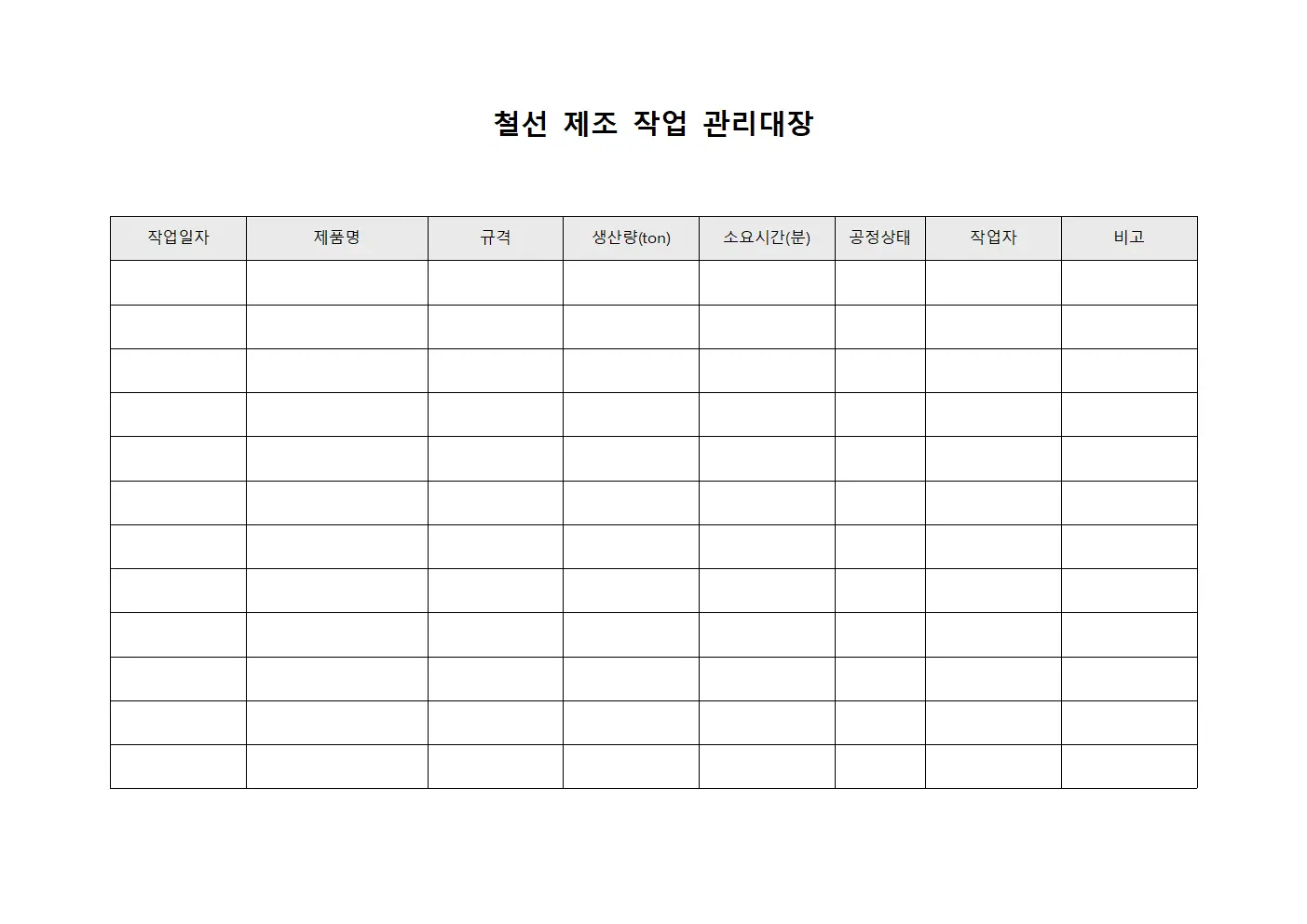 철선 제조 작업 관리대장