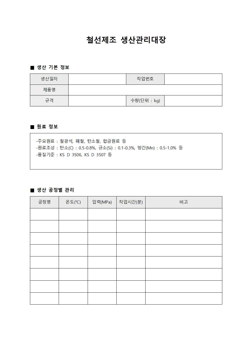 철선제조 생산관리대장