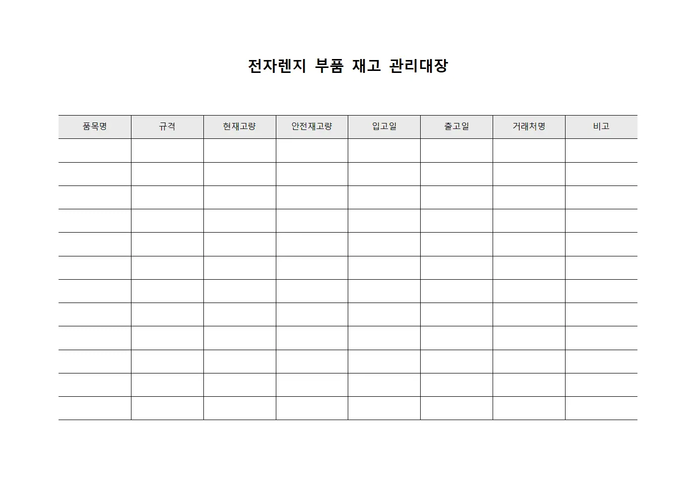 전자렌지 부품 재고 관리대장 템플릿 서식