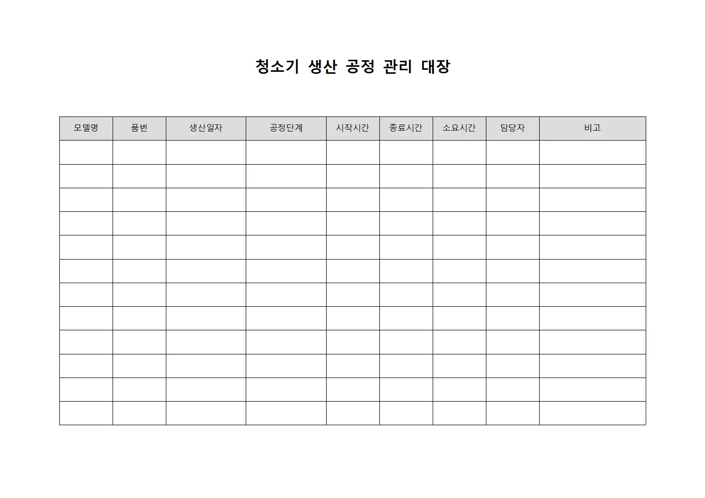 청소기 생산 공정 관리 대장 양식.서식