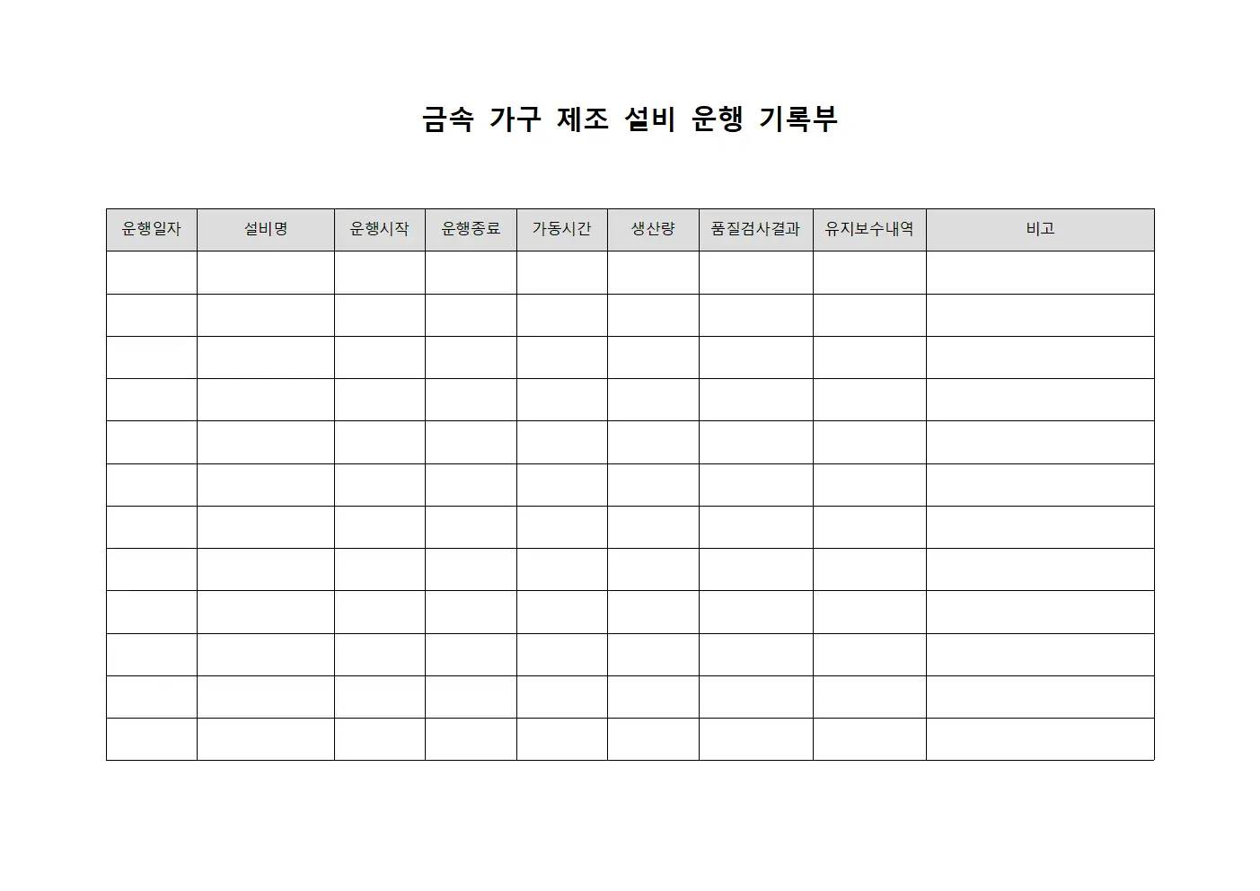 금속 가구 제조 설비 운행 기록부