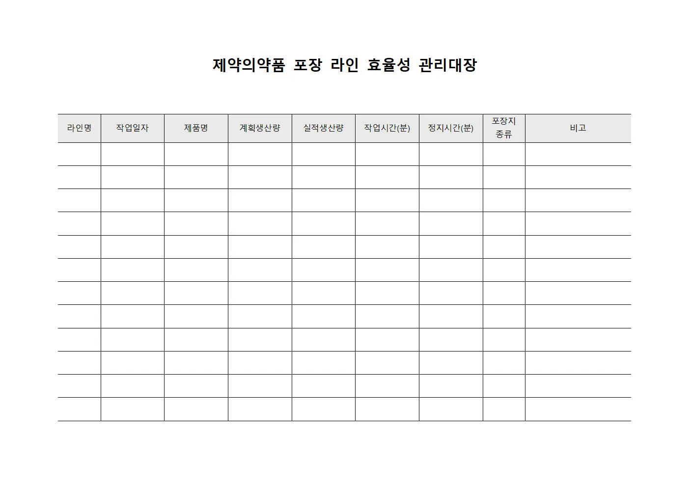 제약의약품 포장 라인 효율성 관리대장