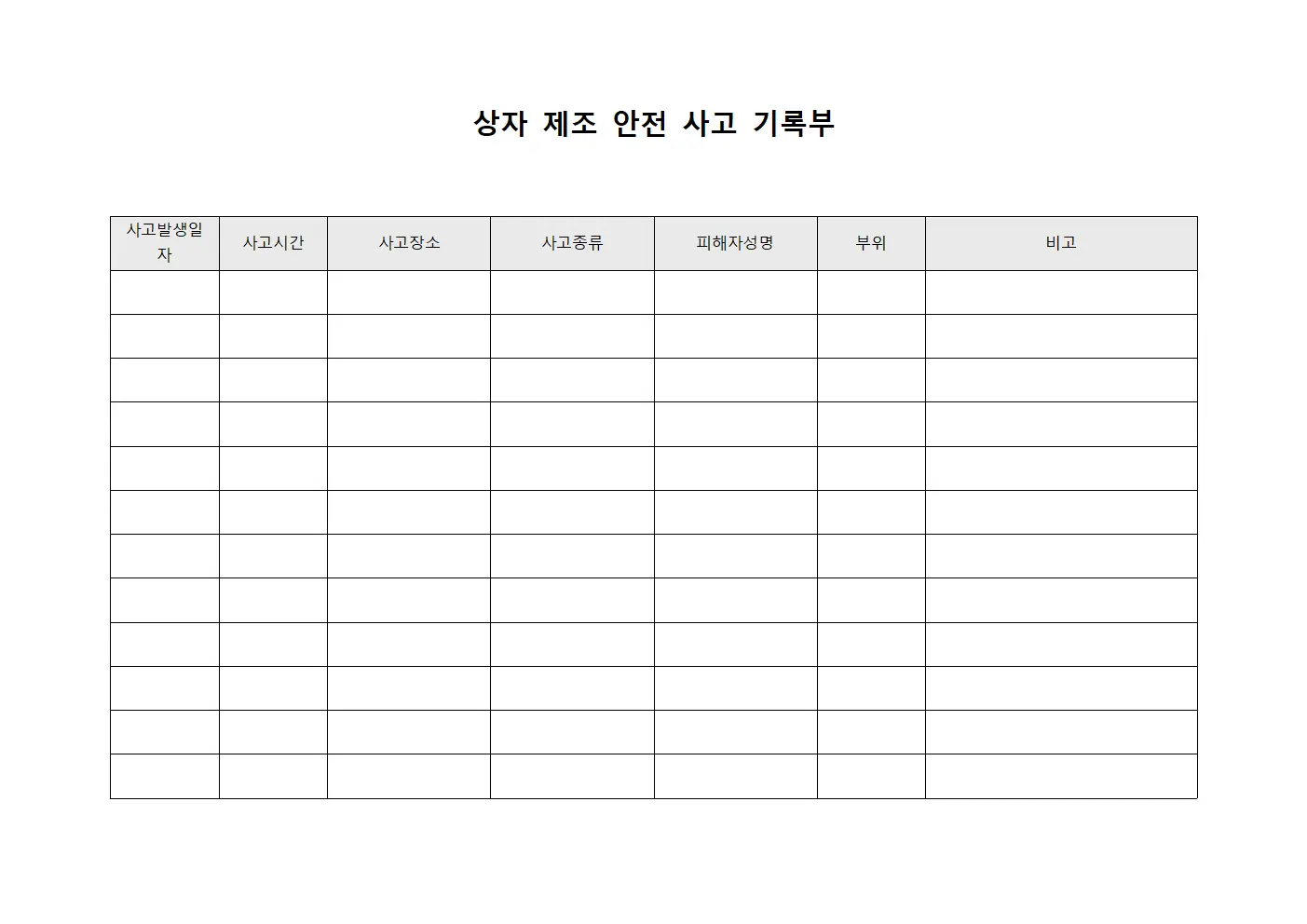 상자 제조 안전 사고 기록부