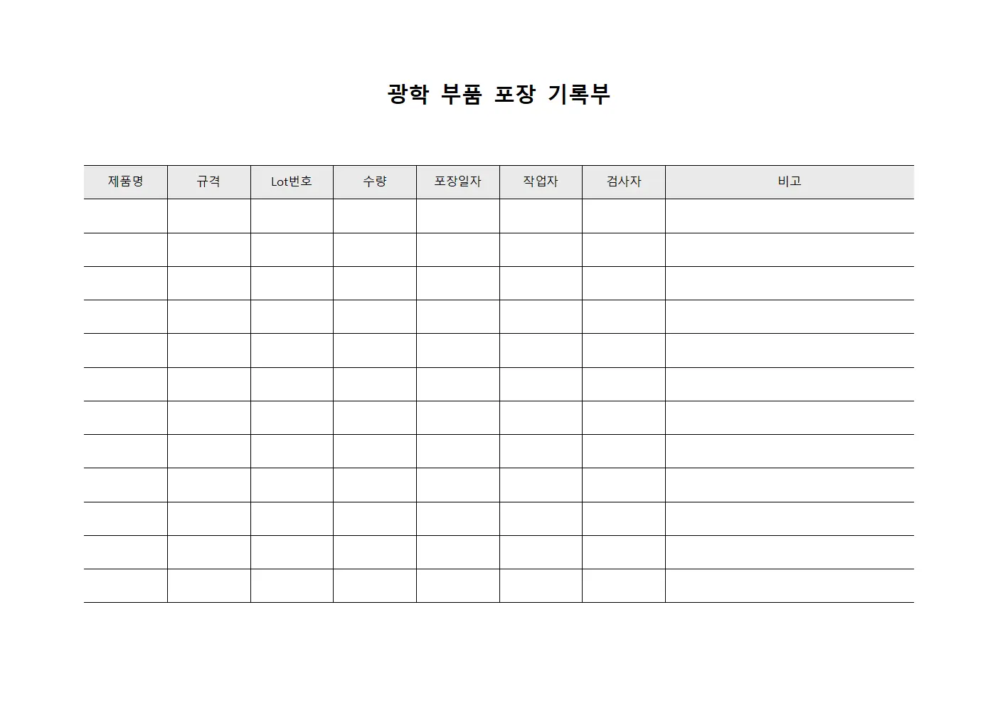 광학 부품 포장 기록부