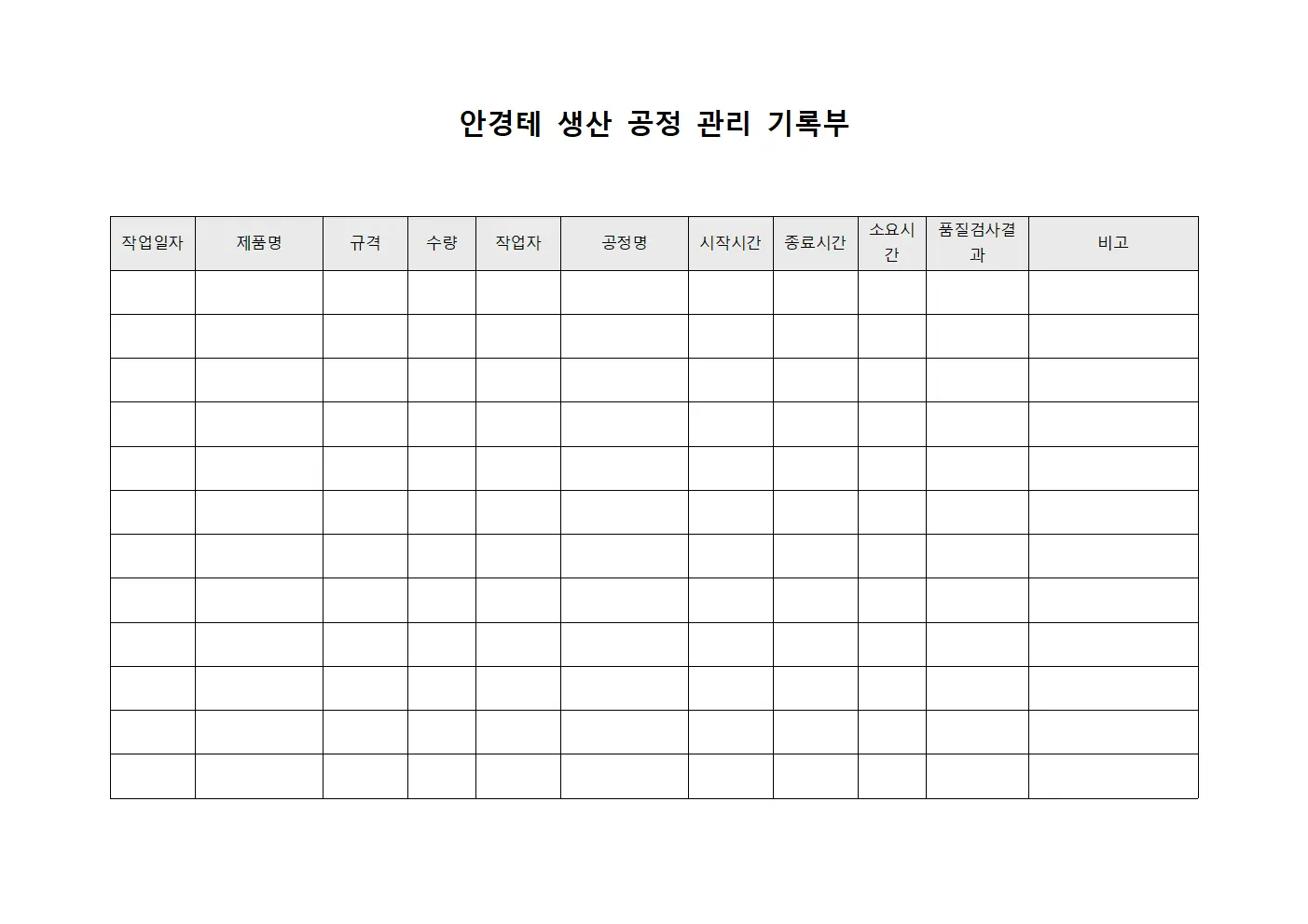 안경테 생산 공정 관리 기록부