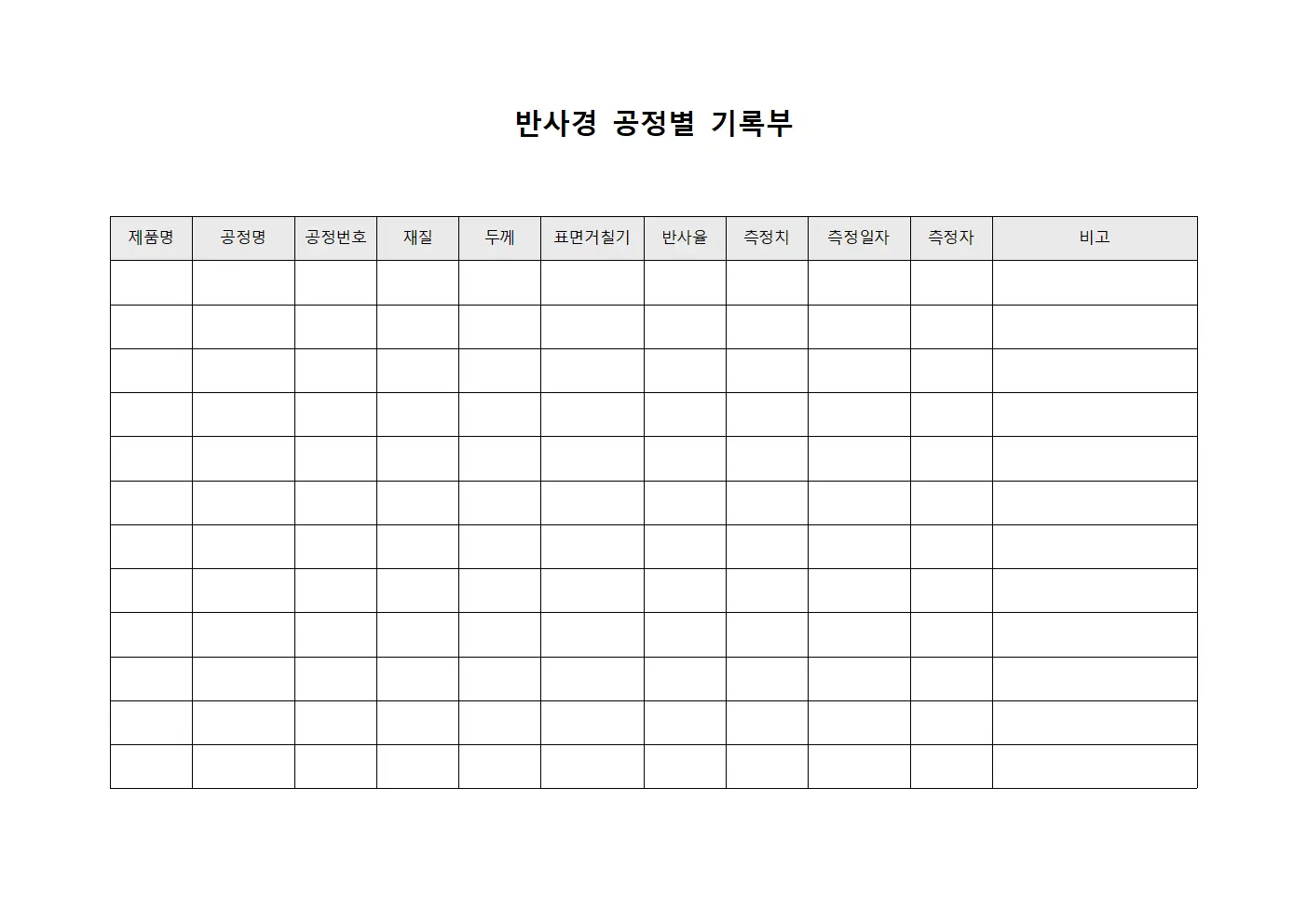 반사경 공정별 기록부