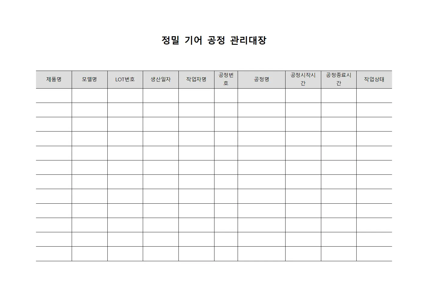 정밀 기어 공정 관리대장