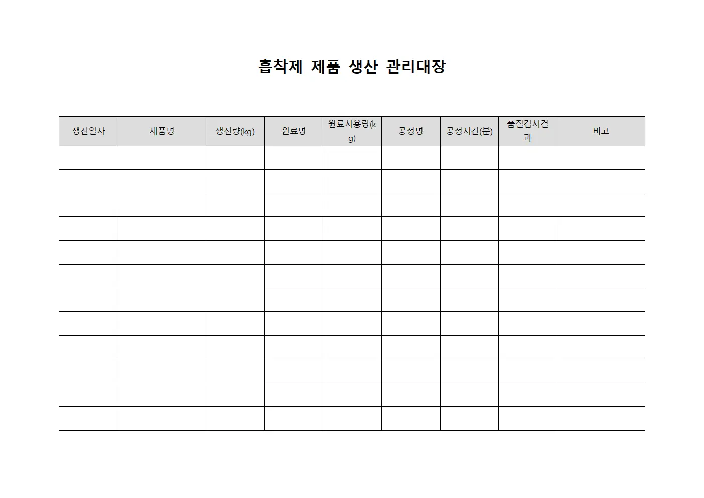흡착제 제품 생산 관리대장