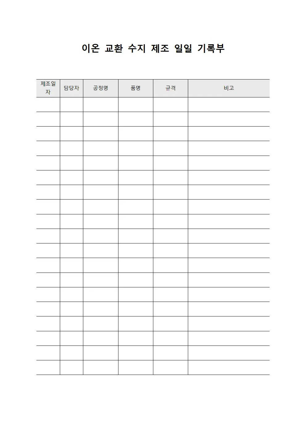 이온 교환 수지 제조 일일 기록부