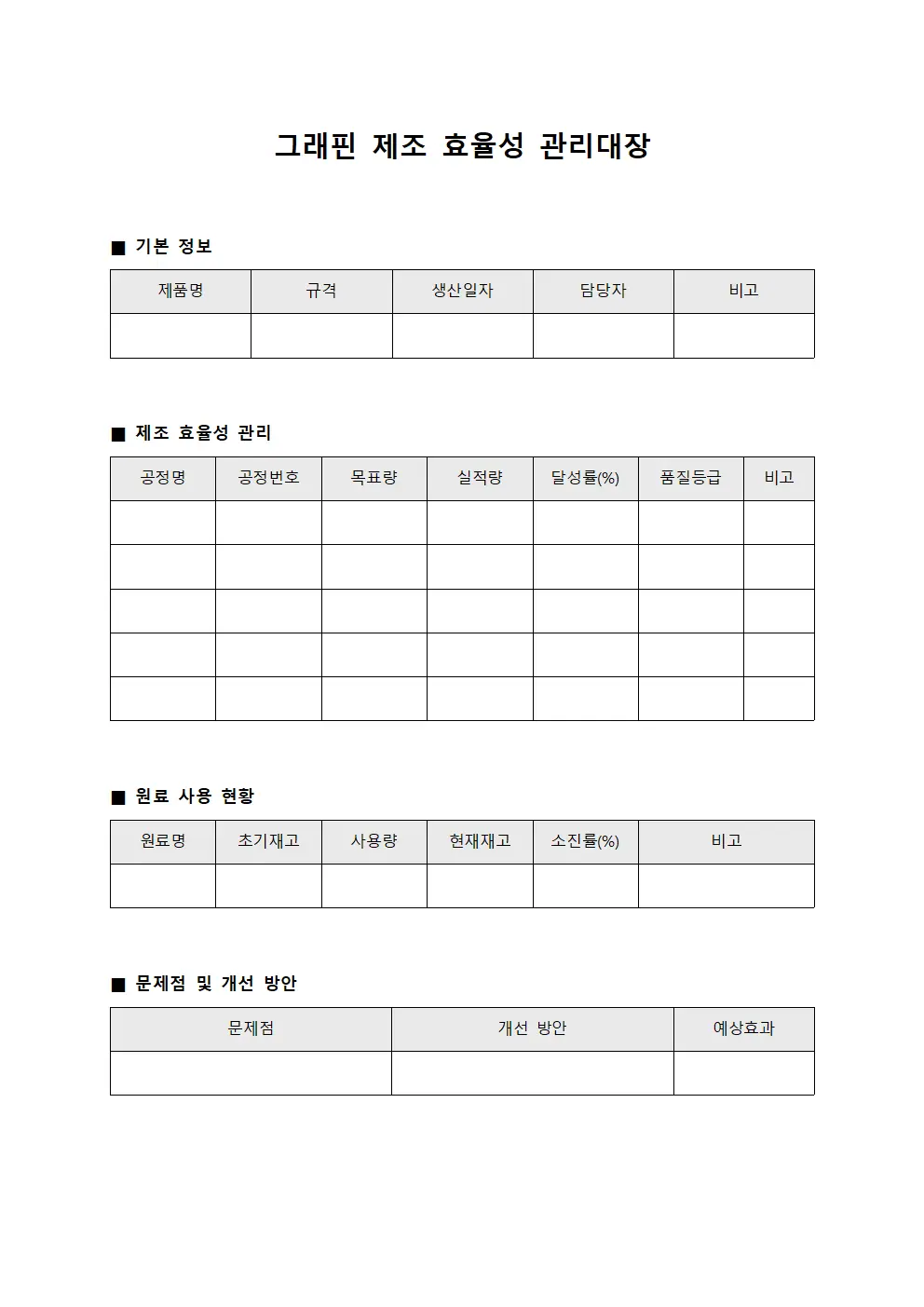 그래핀 제조 효율성 관리대장 템플릿 서식