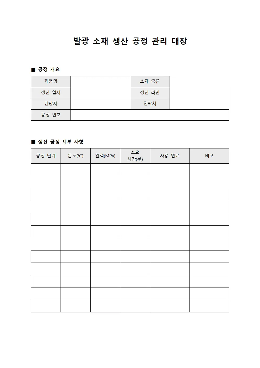 발광 소재 생산 공정 관리 대장 템플릿 양식