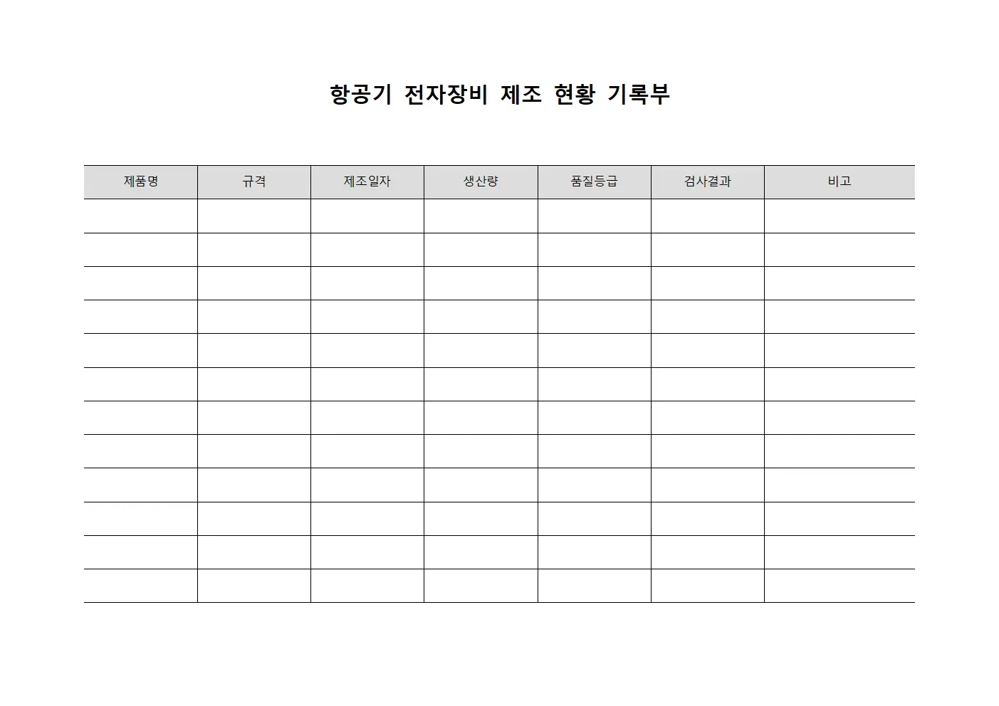 항공기 전자장비 제조 현황 기록부 서식문서