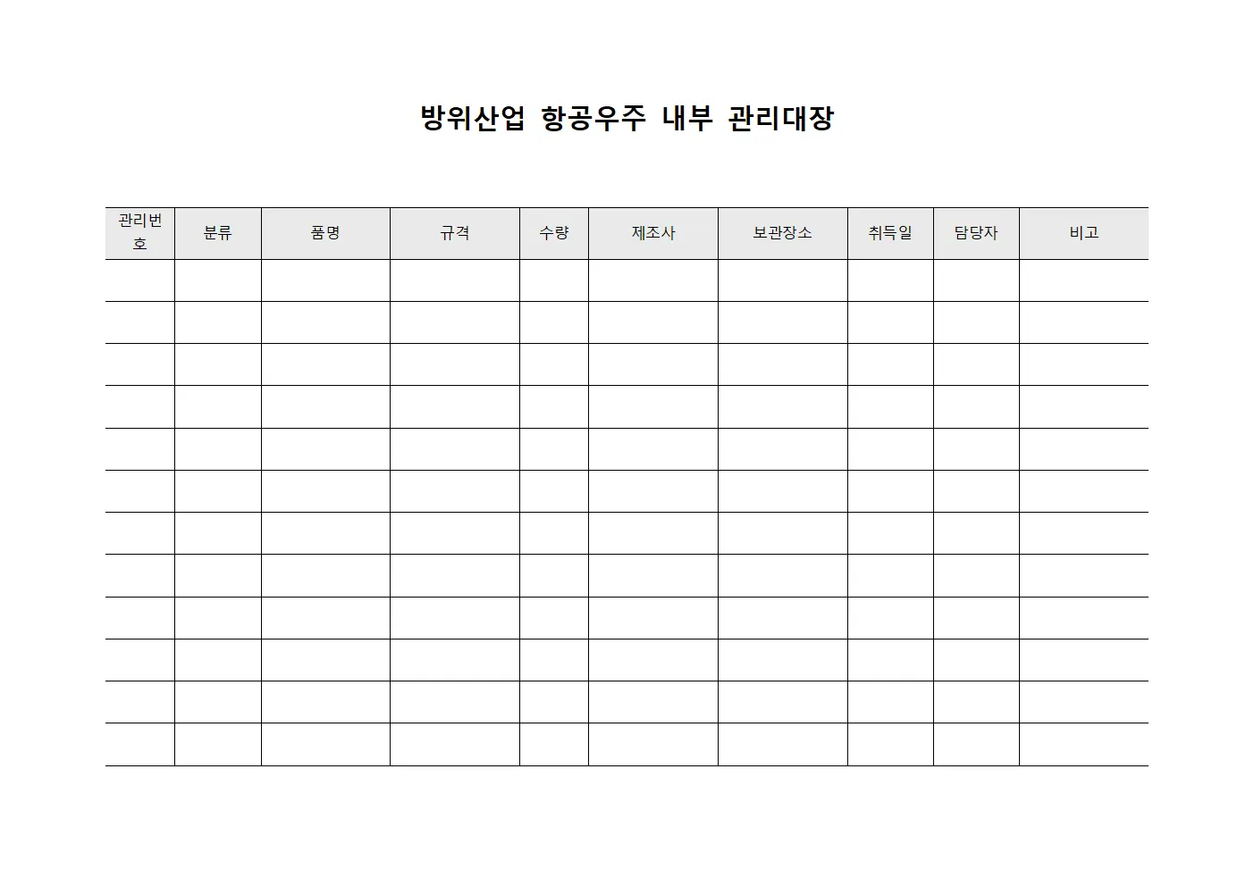 방위산업 항공우주 내부 관리대장 템플릿