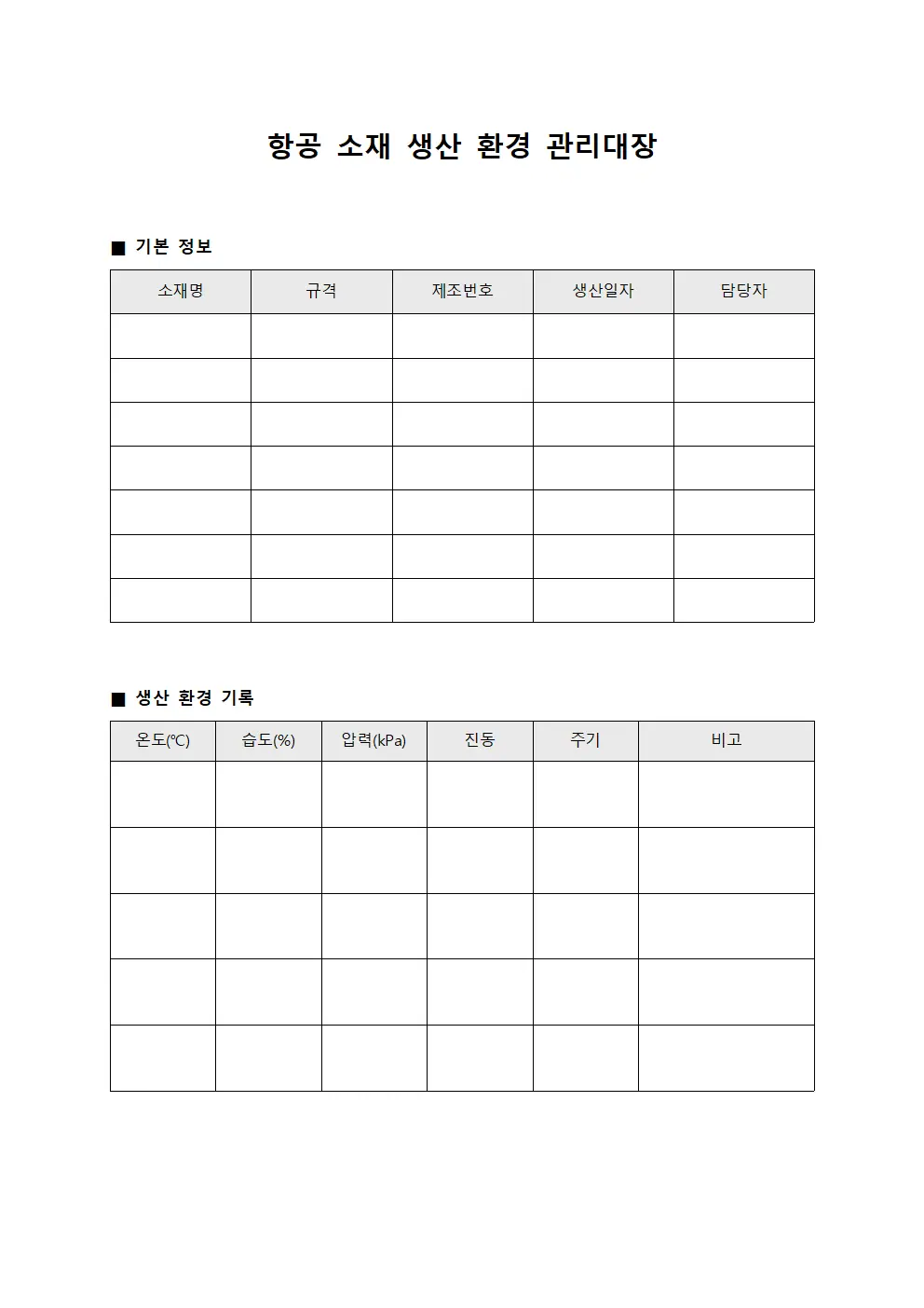 항공 소재 생산 환경 관리대장