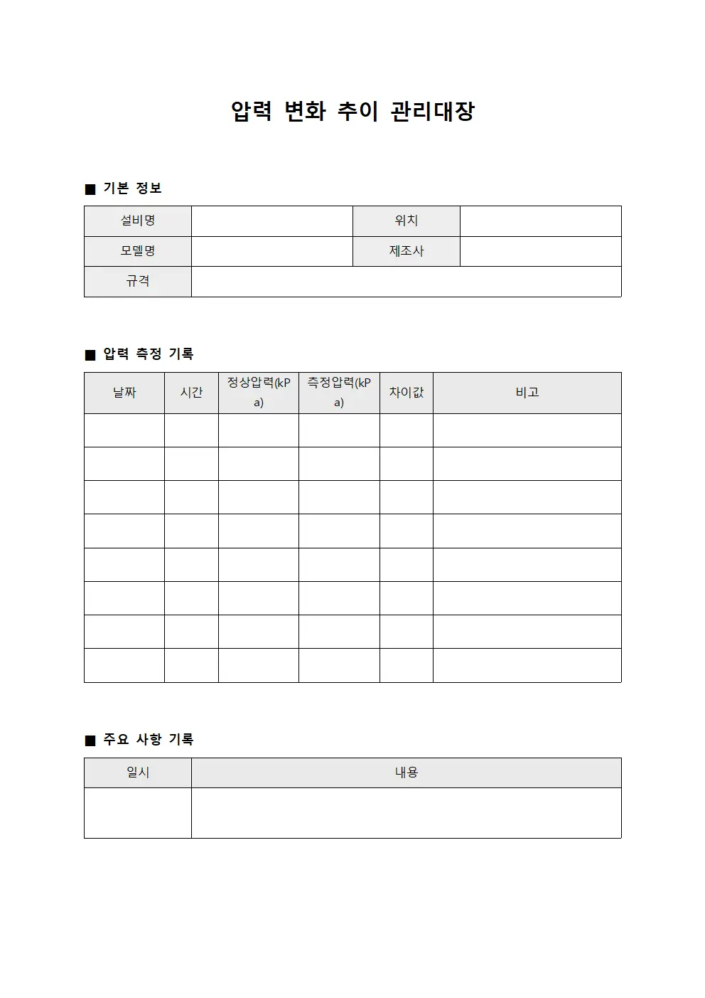 압력 변화 추이 관리대장 서식문서