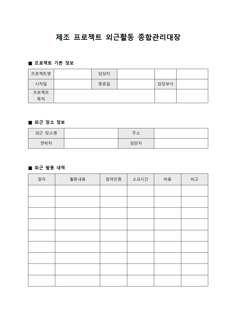 제조 프로젝트 외근활동 종합관리대장