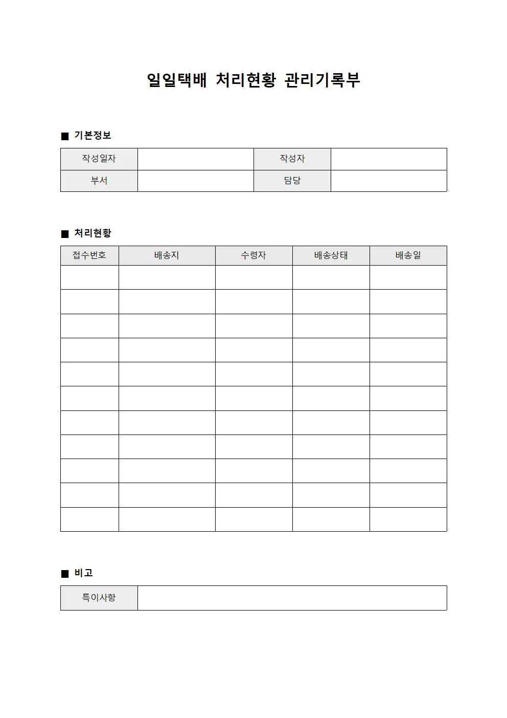 일일택배 처리현황 관리기록부