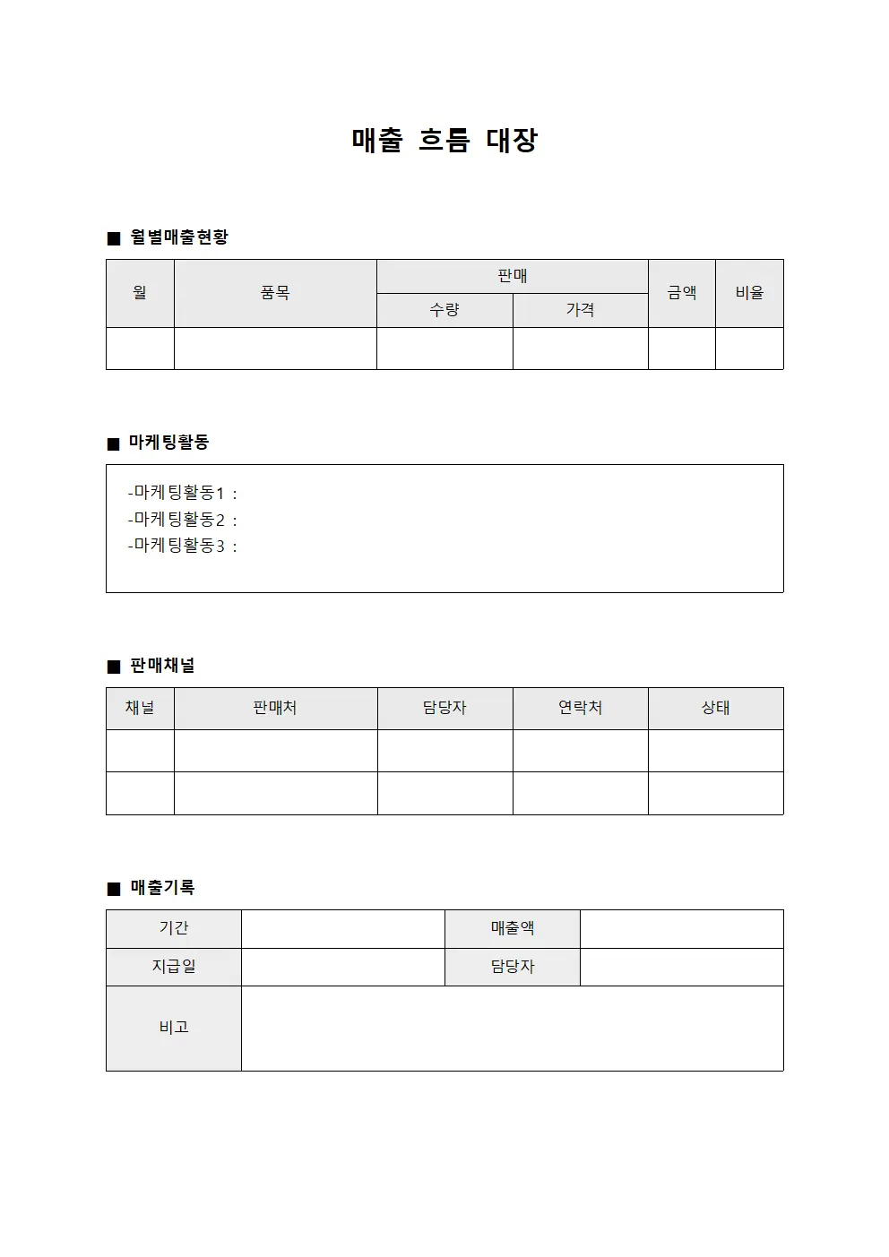 매출 흐름 대장 서식