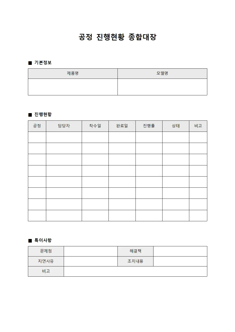 공정 진행현황 종합대장