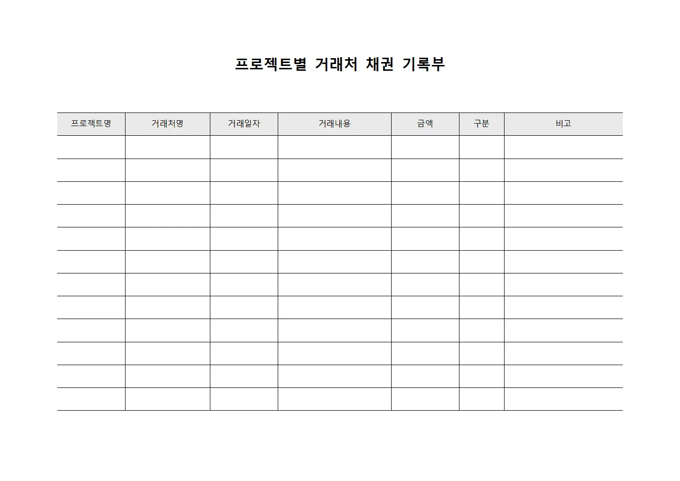 프로젝트별 거래처 채권 기록부