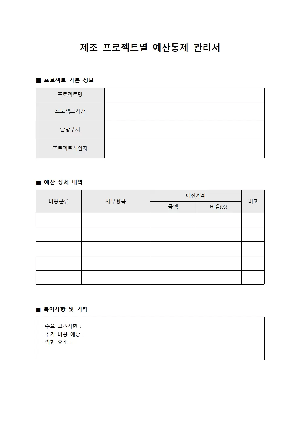 제조 프로젝트별 예산통제 관리서 템플릿