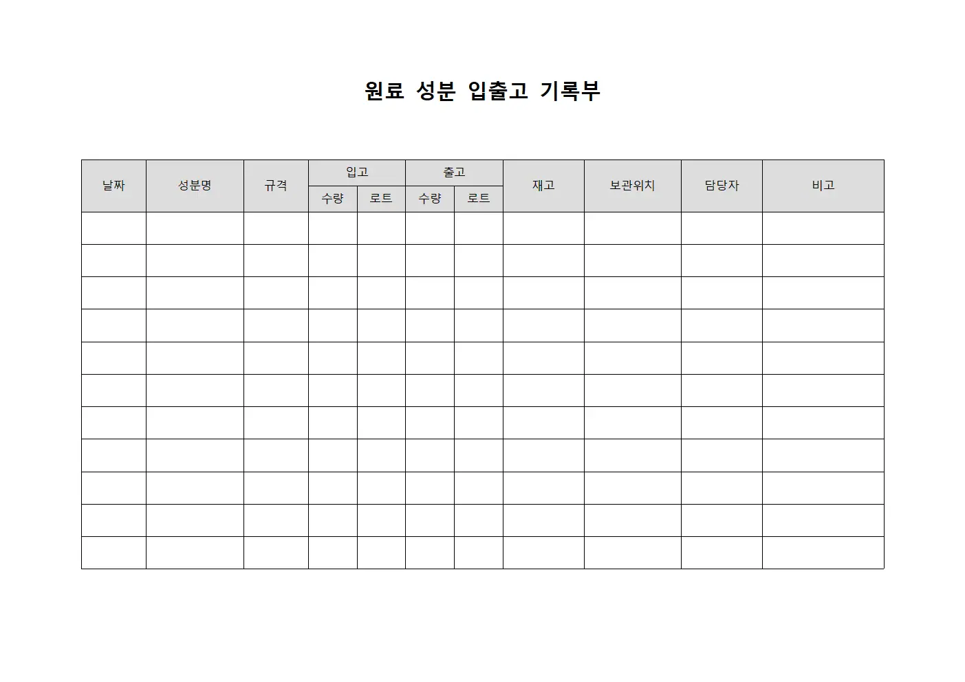 원료 성분 입출고 기록부