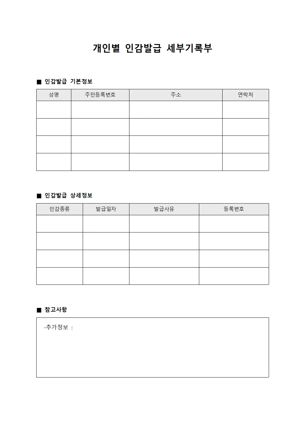 개인별 인감발급 세부기록부 양식문서