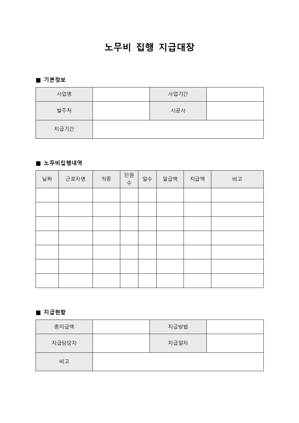 노무비 집행 지급대장