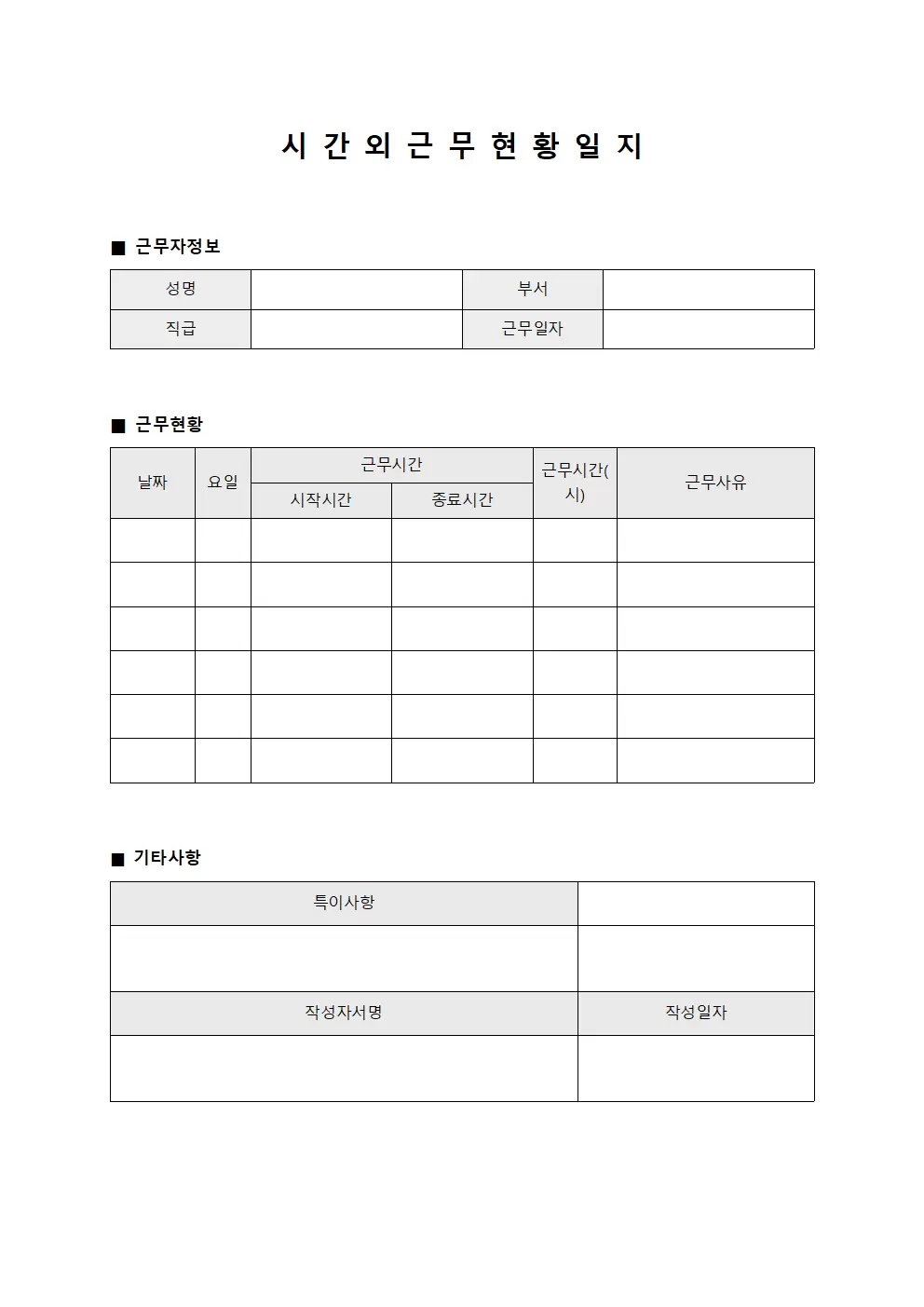 시간외근무 현황일지