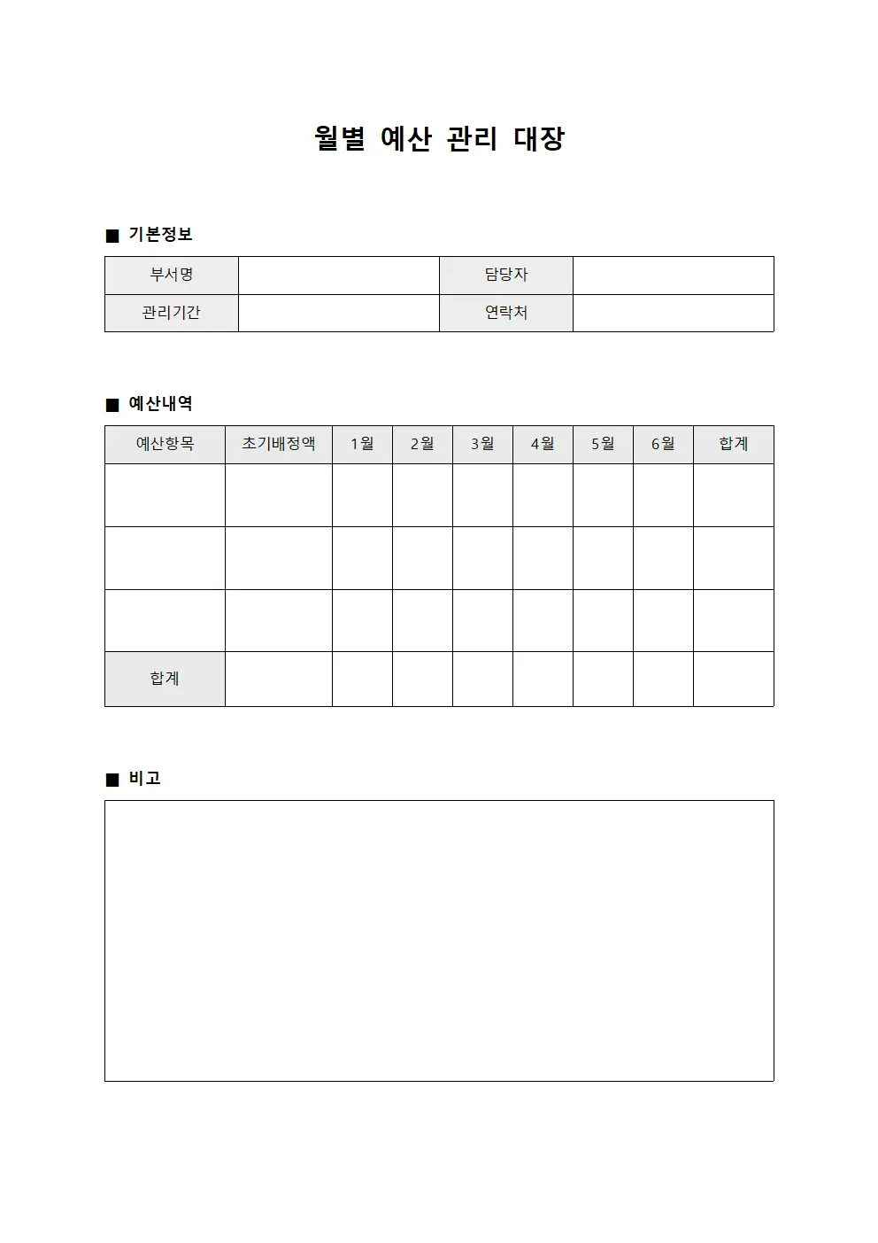 월별 예산관리대장