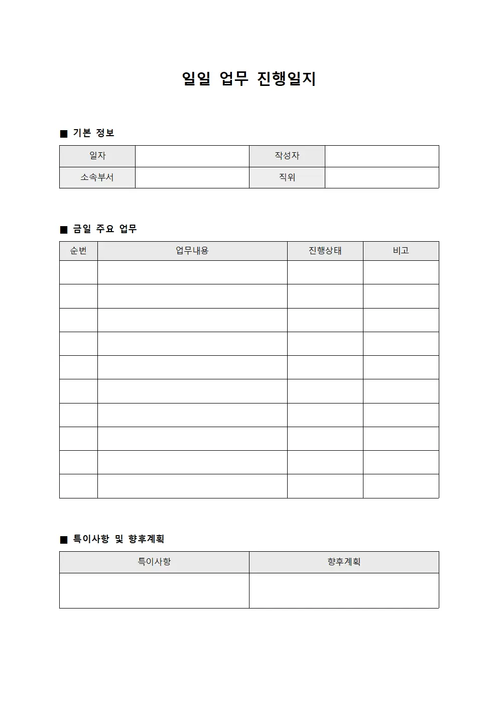 일일 업무진행일지 문서양식