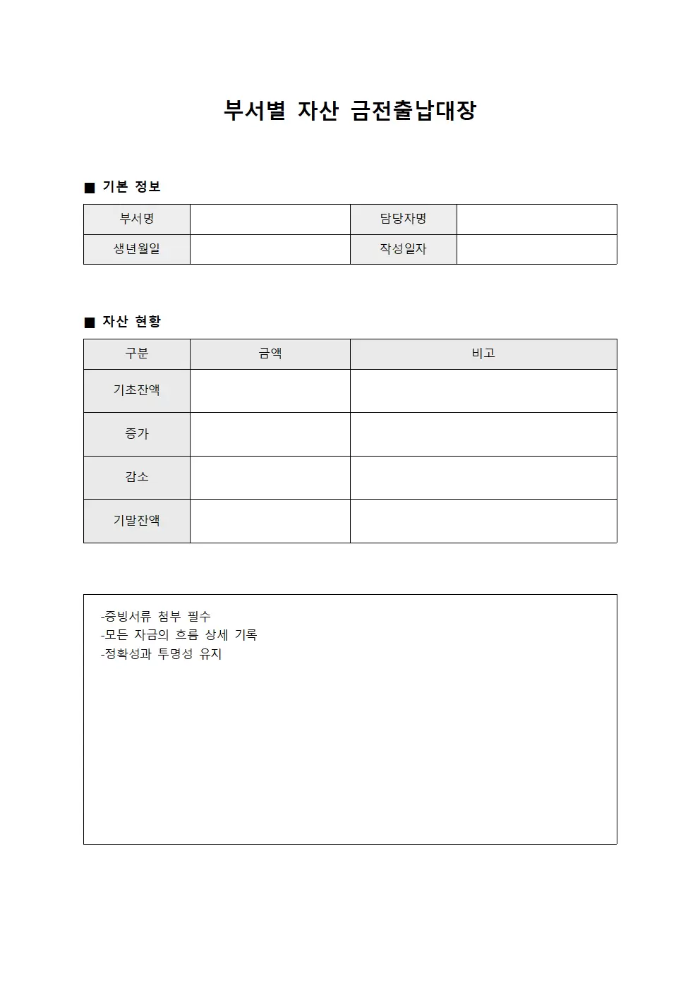금전출납대장 (부서별 자산 집계본)