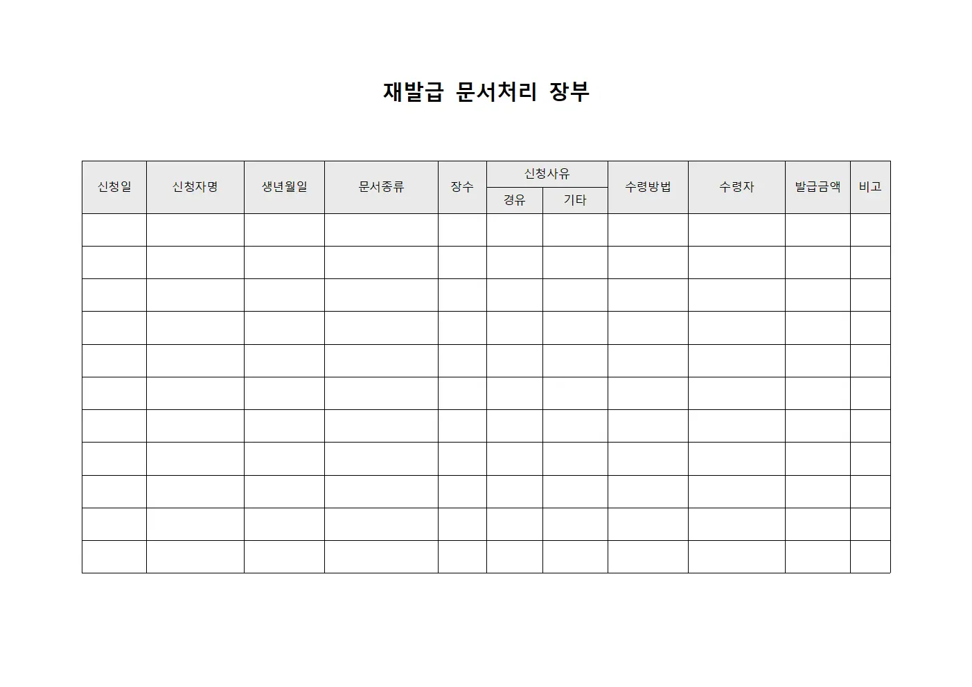 재발급 문서처리 장부 양식문서