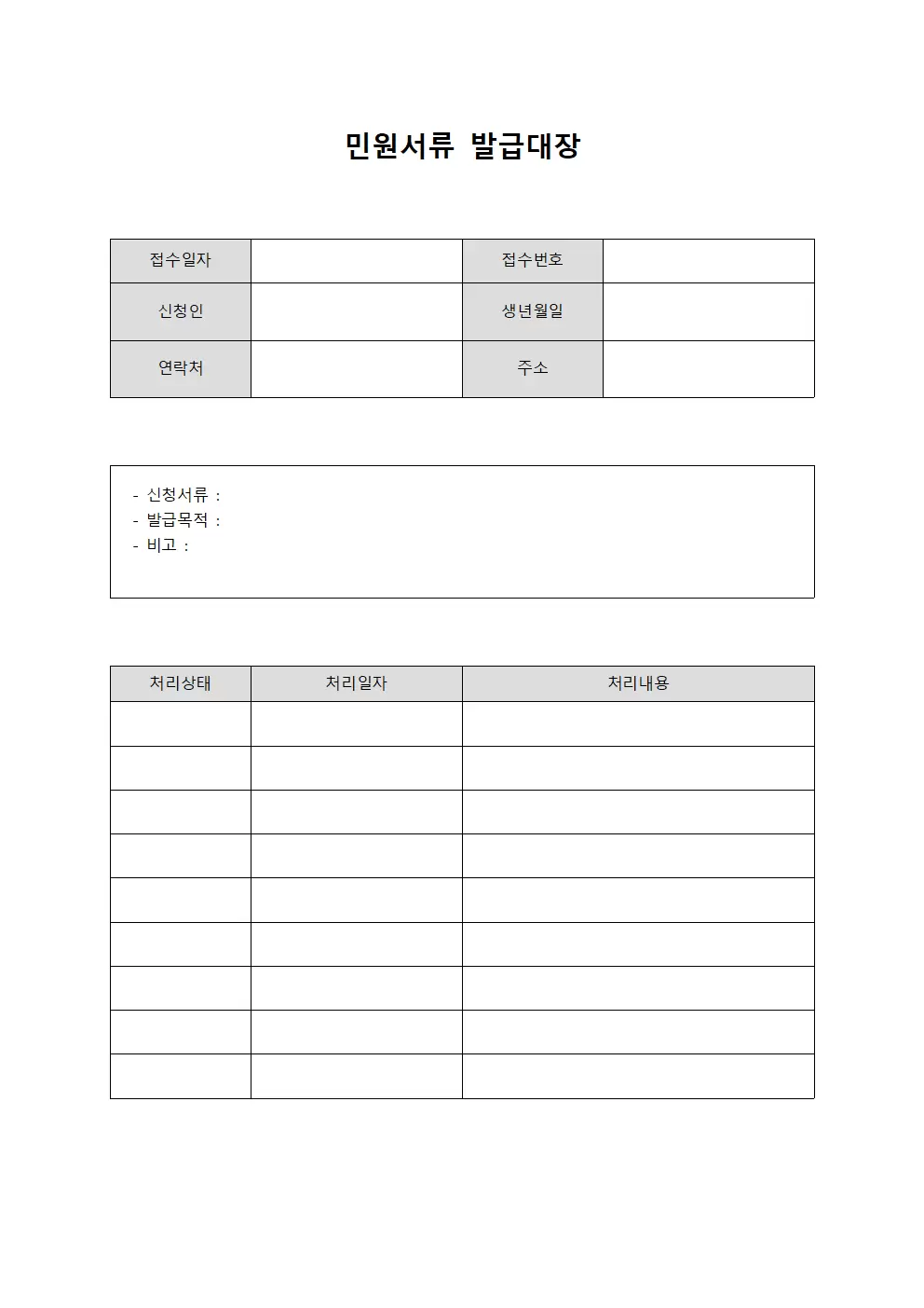 민원서류발급대장 반려건재접수현황