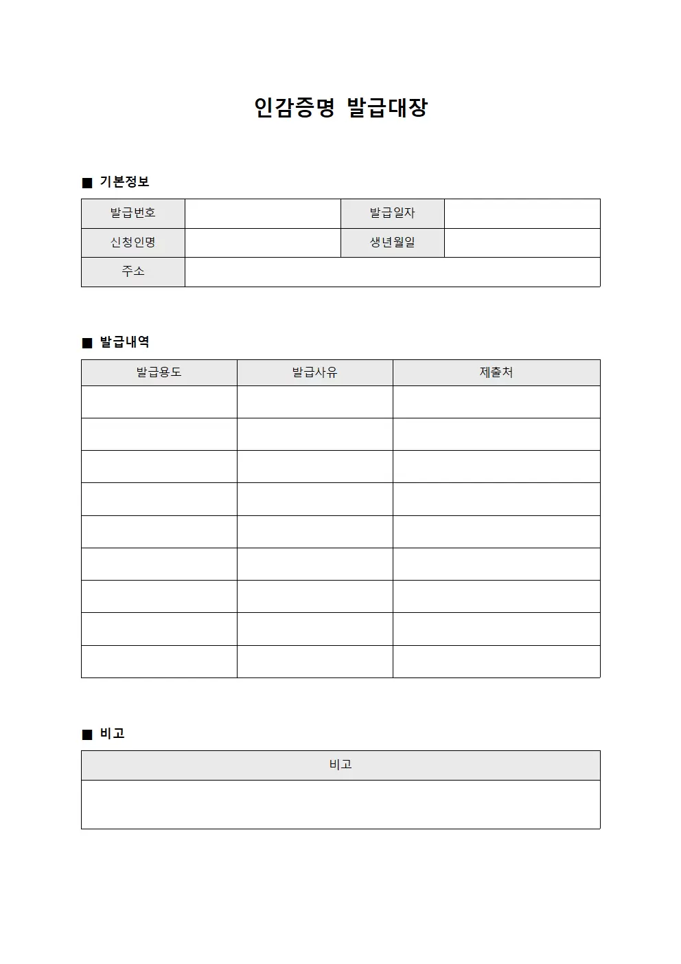 인감증명발급대장 (처리내역보고서)