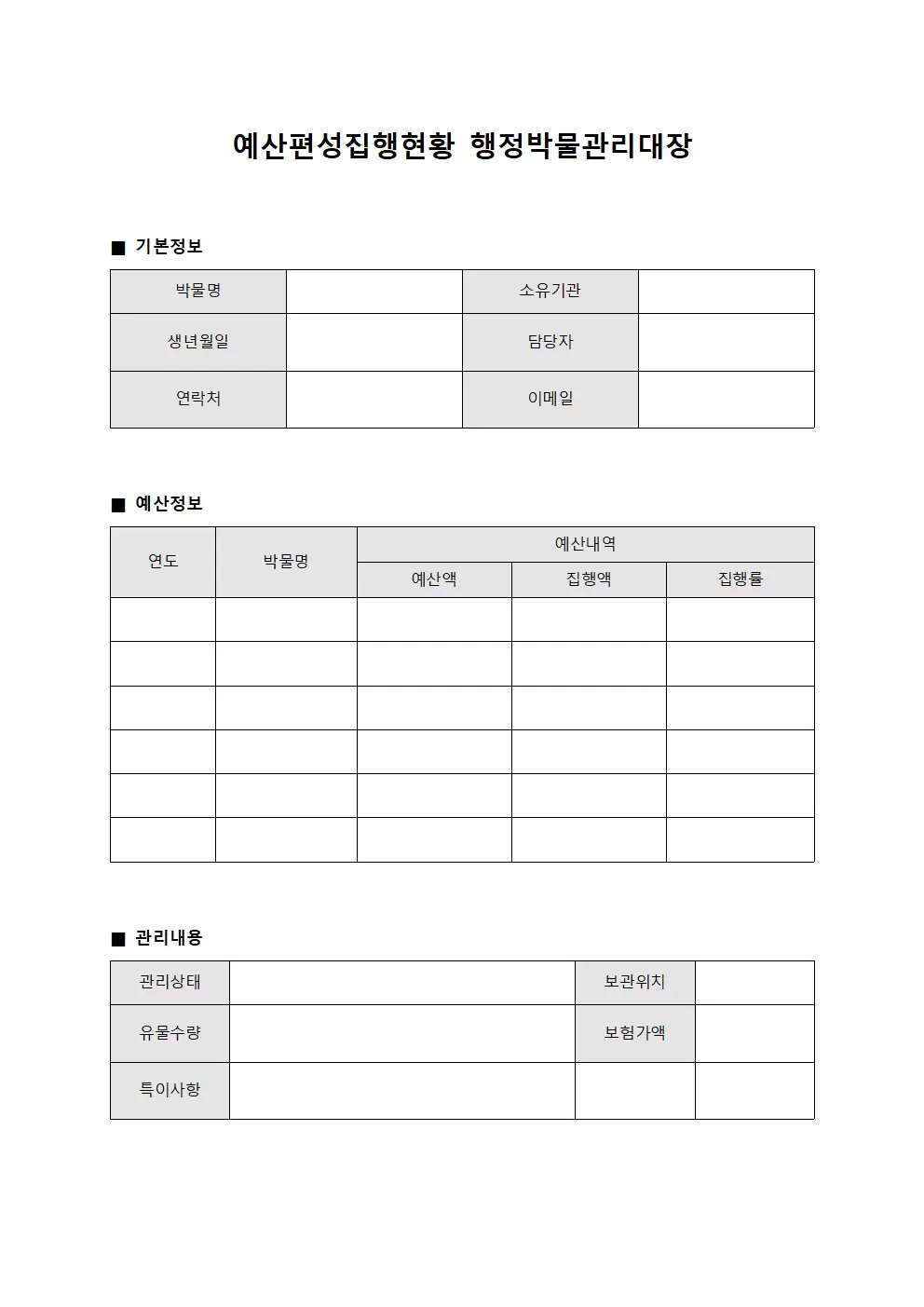 예산편성집행현황 행정박물관리대장