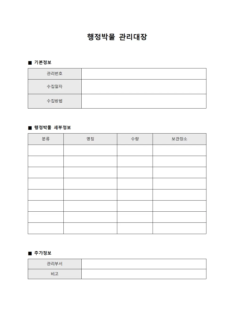 행정박물관리대장 (조직개편변경현황)