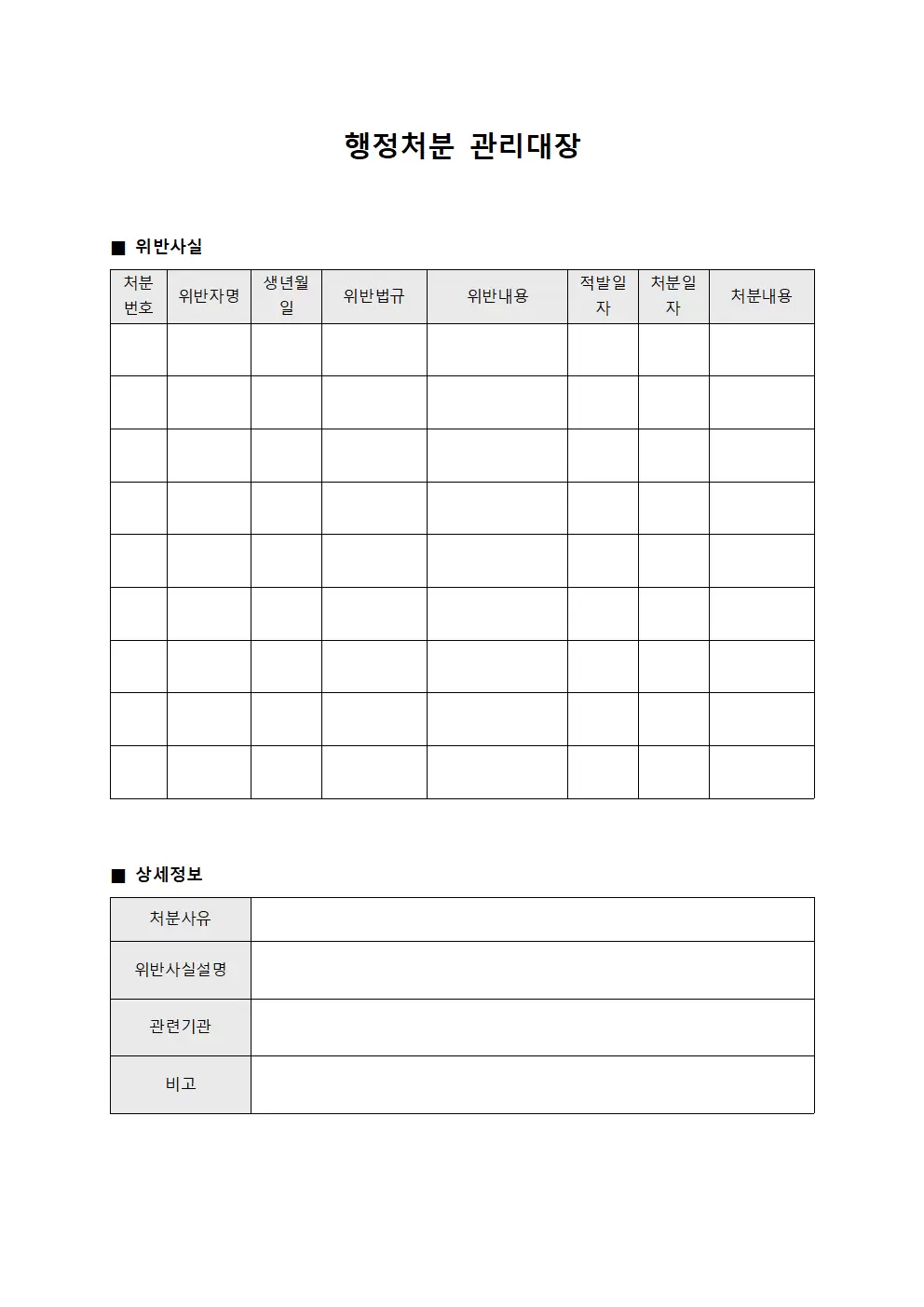 행정처분관리대장 (위반사실)