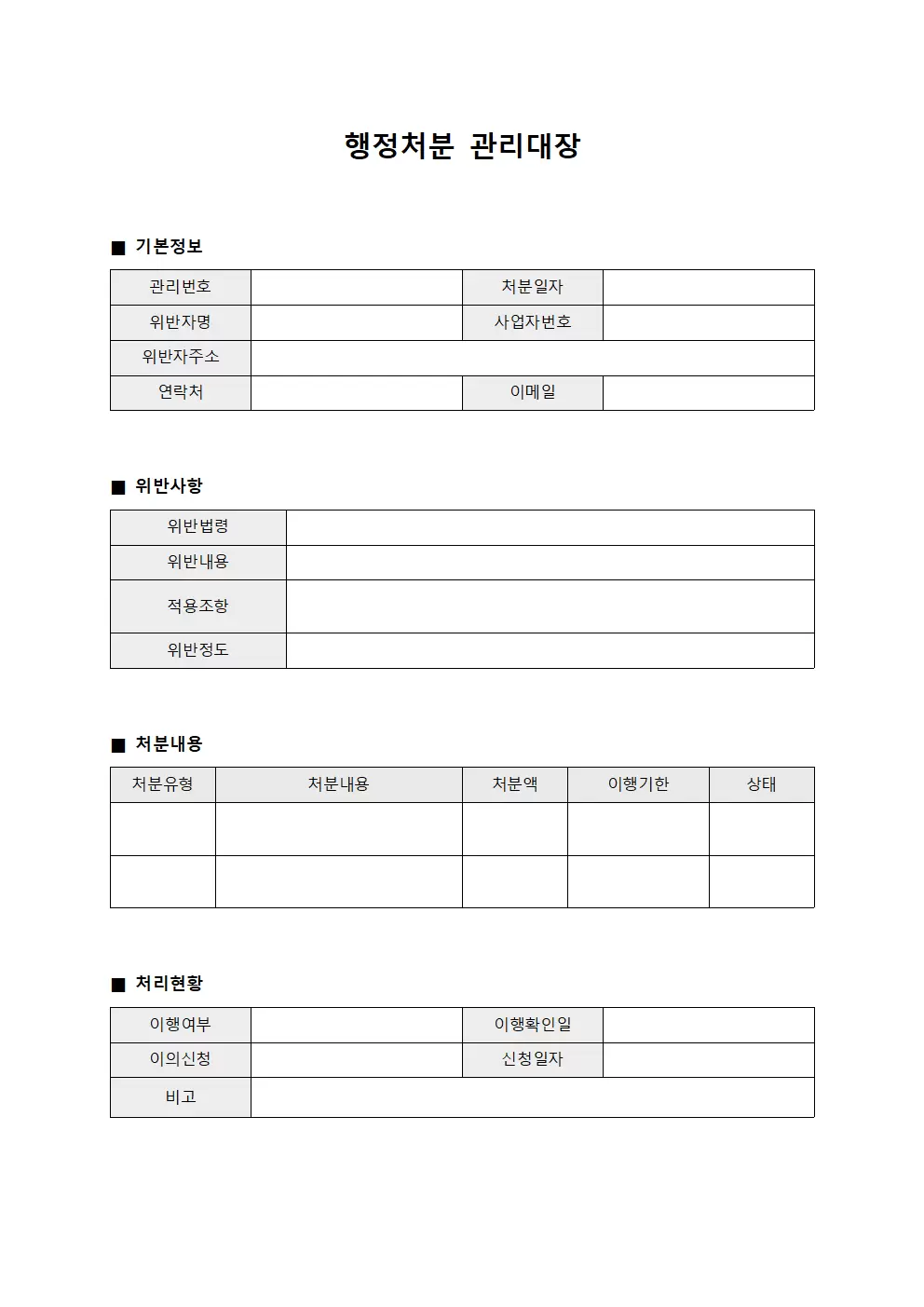 법위반적발 행정처분관리대장