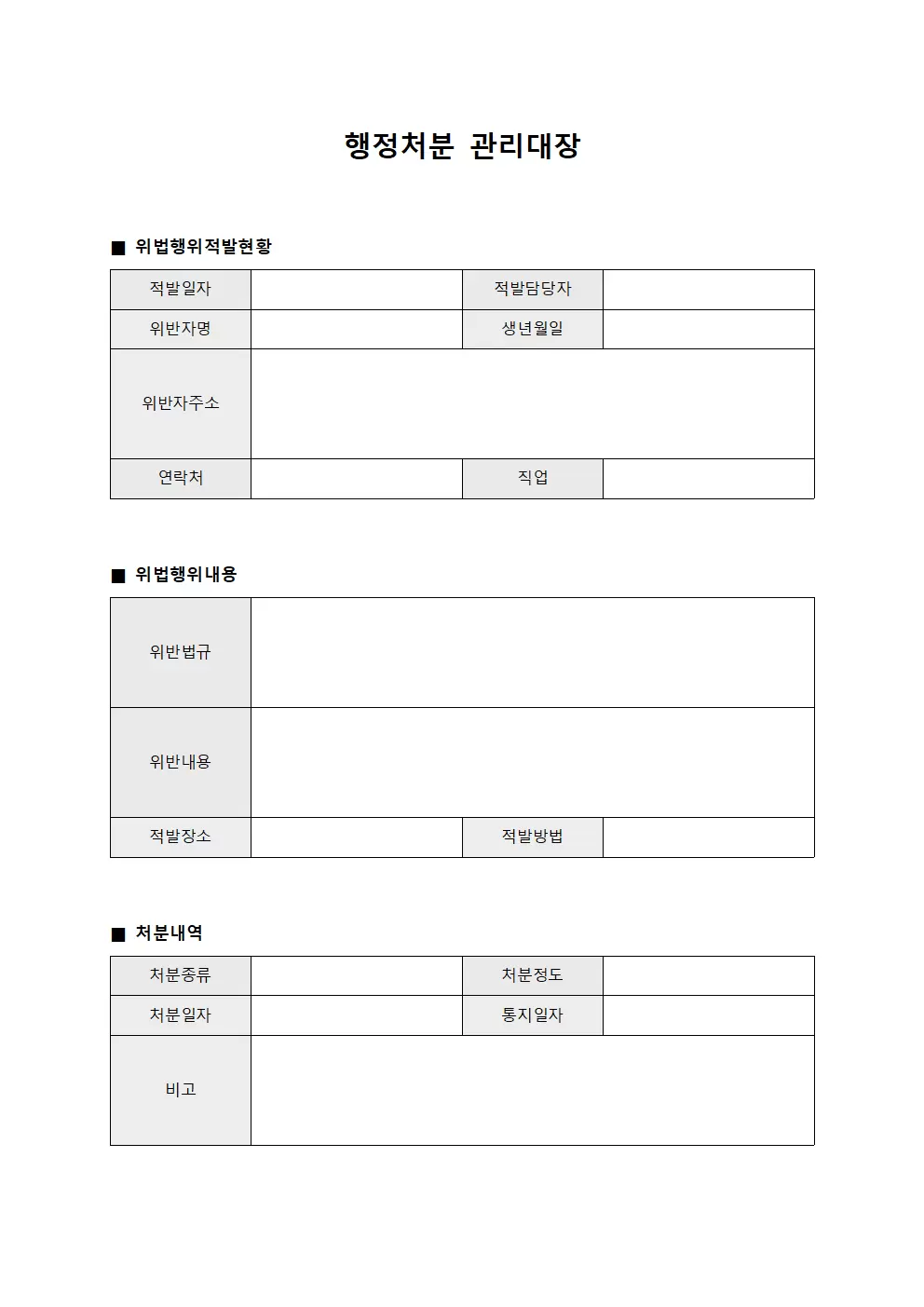 행정처분관리대장 - 위법행위적발
