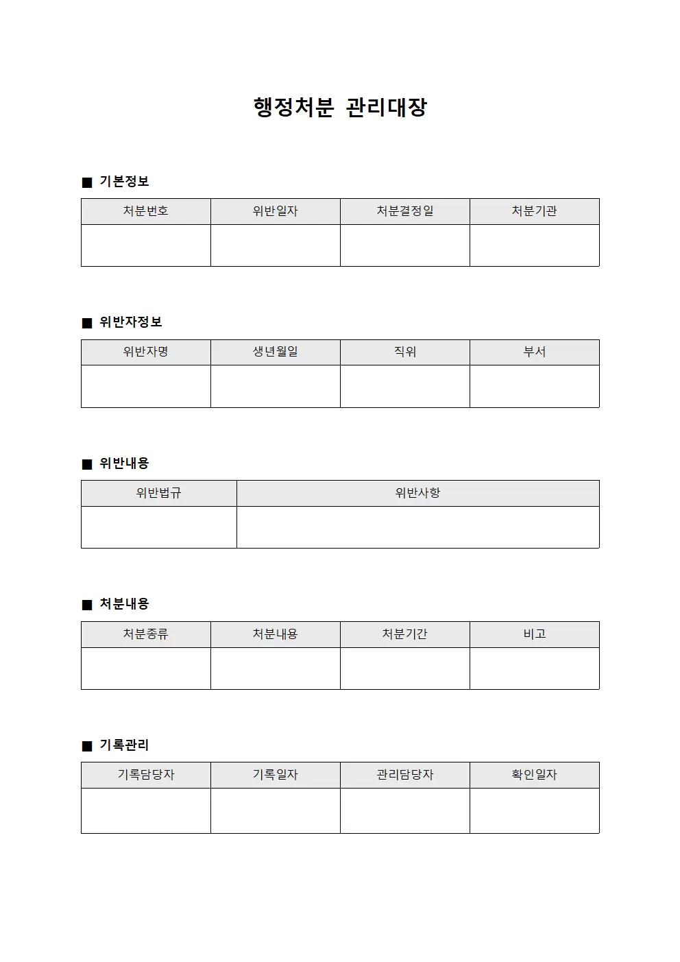 행정처분관리대장 - 조직내위반사건