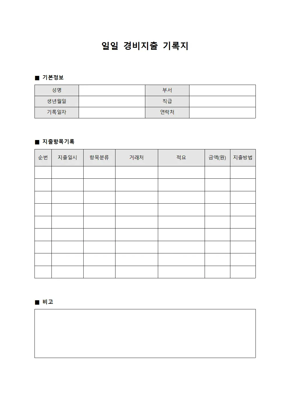 일일 경비지출 기록지 문서서식