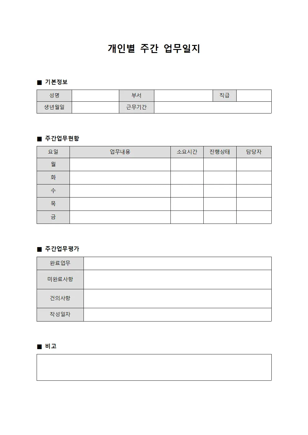 개인별 주간 업무일지 문서양식
