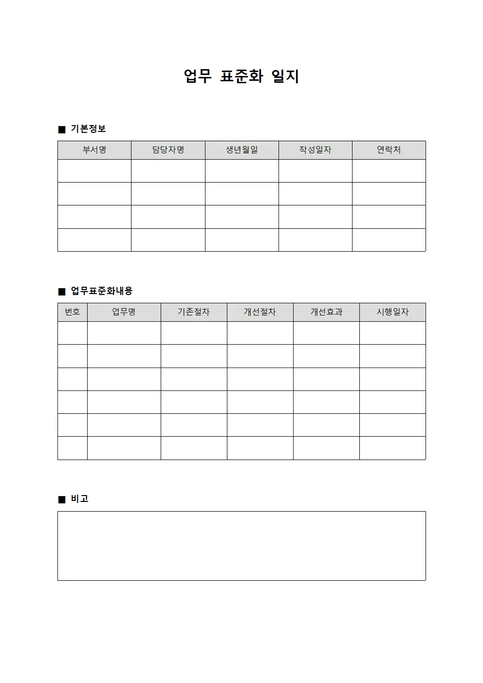 업무 표준화 일지 문서양식