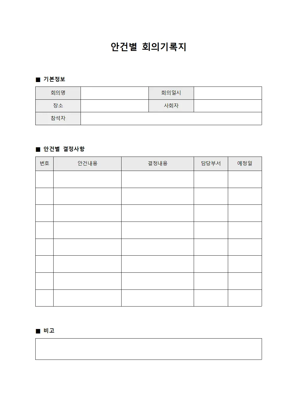 안건별 회의기록지