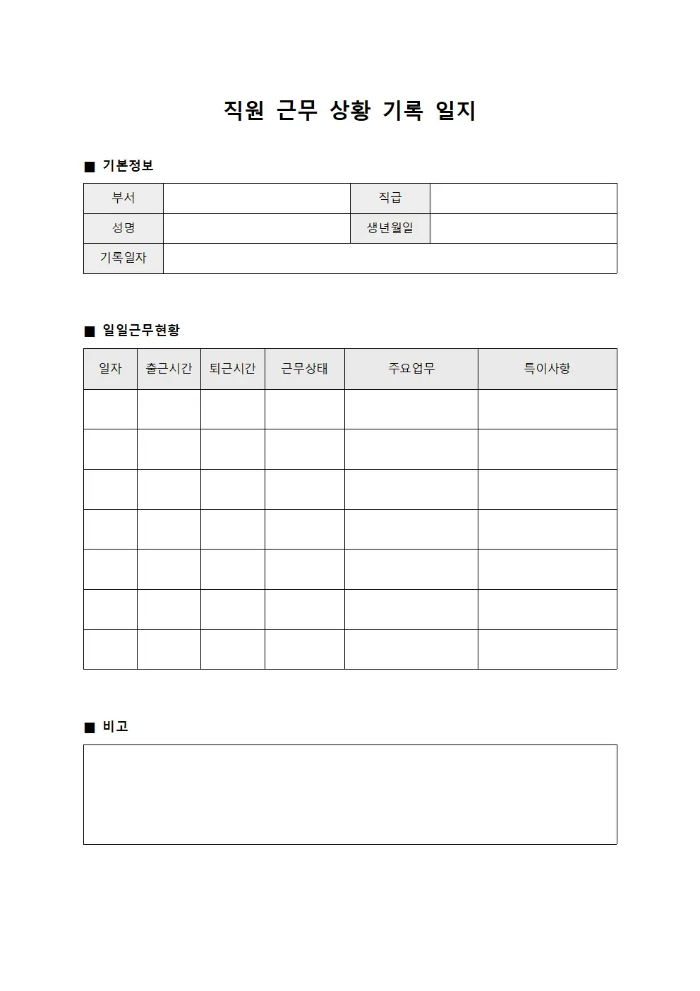 직원 근무 상황 기록 일지 양식문서